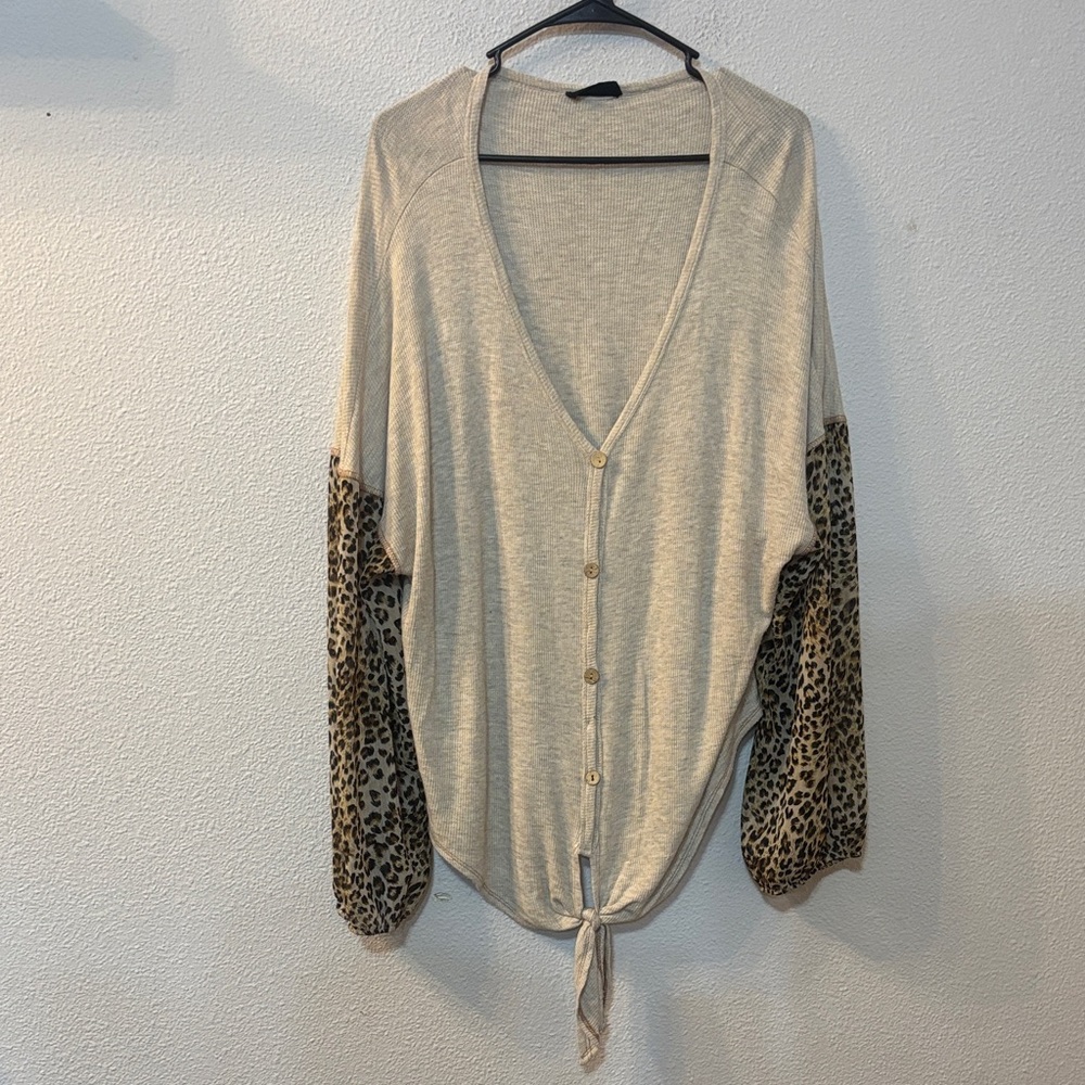 Botanique Leopard Print Sleeve Tie Front Cardigan